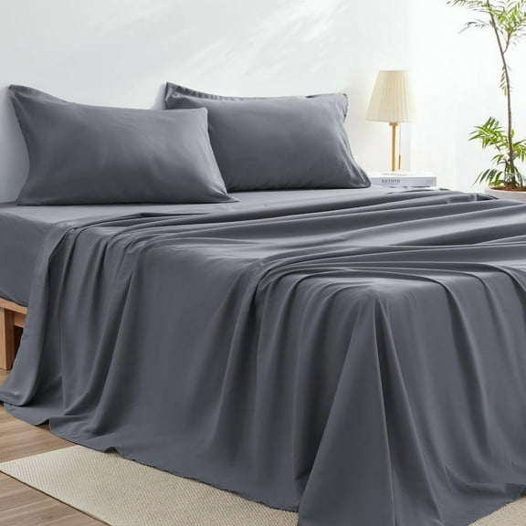 JUSTLET Queen Size 4 Pieces Soft Bedding Sheet Set Includes 1 Flat Sheet, 1 Fitted Sheet, 2 Pillow Cases, Breathable Cooling Beddiing with Extra Deep Pocket, Grey