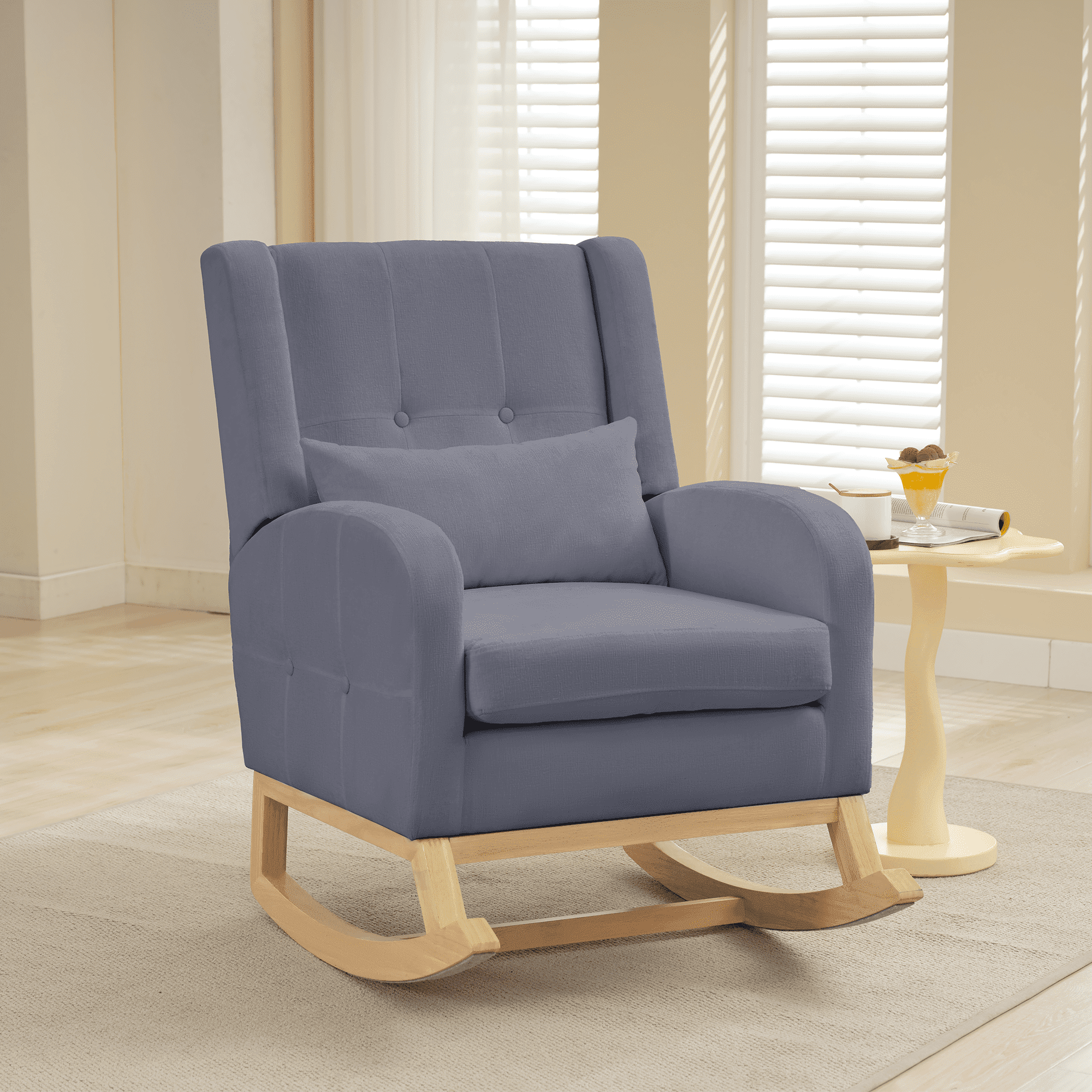 JUSTLET Rocking Chair with Footrest Nursery, Modern Chenille Rocker Armchair with High Backrest and Pillow for Bedroom Baby Room, BLue
