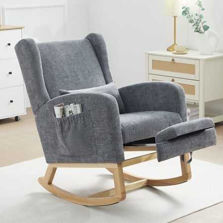 JUSTLET Rocking Chair with Footrest Nursery, Modern Chenille Rocker Armchair with High Backrest and Pillow for Bedroom Baby Room, Gray