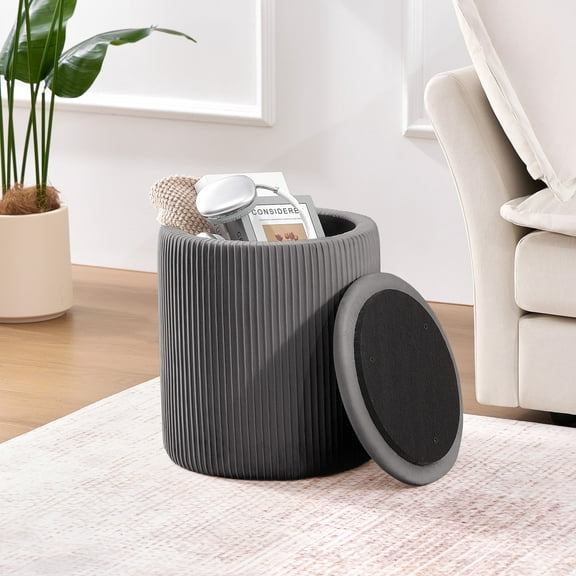 JUSTLET Round Ottoman with Storage, Corduroy Vanity Stool for Makeup, Multifunctional Foot Rest Coffee Table for Living Room Bedroom, Dark Gray