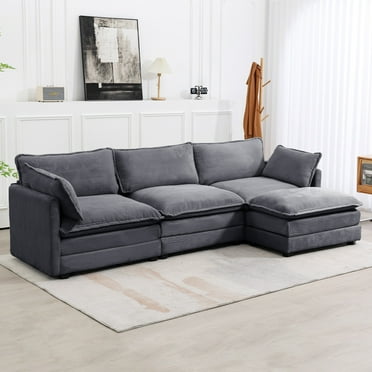 JUSTLET Sectional Sofa with Ottoman, 112" Small L Shaped Free Combination Corduroy Couch Furniture Sets for Living Room, Dark Gray