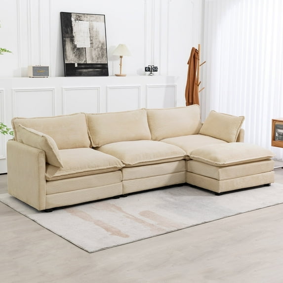 JUSTLET Sectional Sofa with Ottoman, L Shaped Corduroy Cloud Couch with Chaise, Modular Sectional Sofa Sleeper Furniture Set for Living Room, Khaki