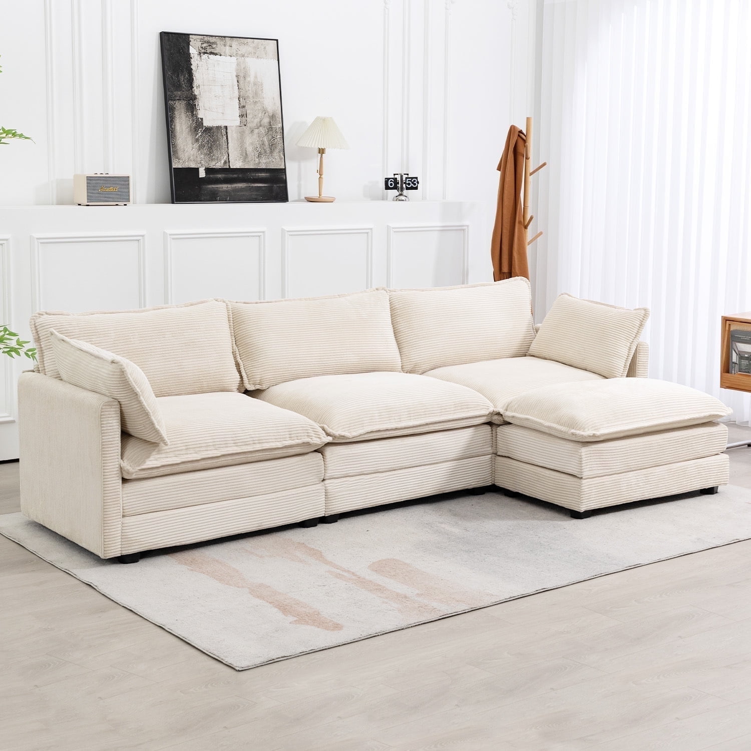 Walmart Coupons of "JUSTLET Sectional Sofa with Ottoman, L Shaped Modular Couch, Corduroy, Beige, 112""x56"