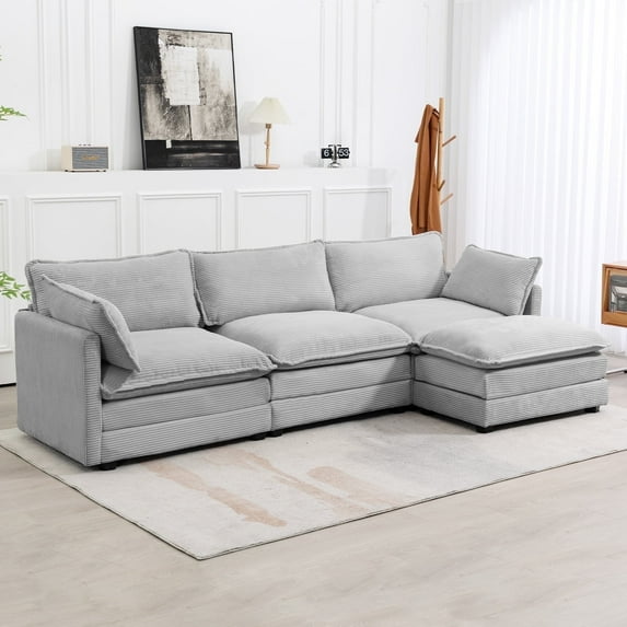 JUSTLET Sectional Sofa with Ottoman, Small L-Shaped Corduroy Couch Set for Living Room, Gray