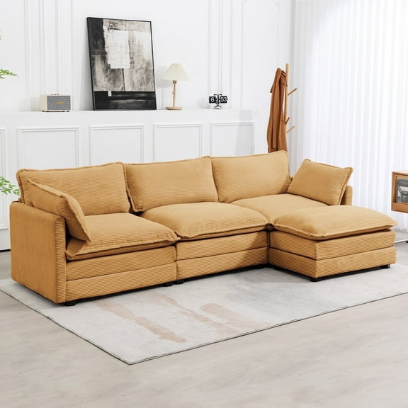 JUSTLET Sectional Sofa with Ottoman, L Shaped Corduroy Cloud Couch with Chaise, Modular Sectional Sofa Sleeper Furniture Set for Living Room, Yellow