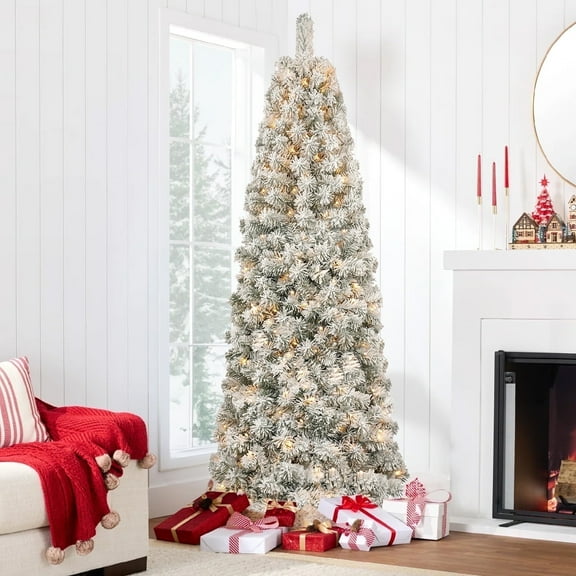 JUSTLET 7.5FT Pre-Lit Snow Flocked Pencil Christmas Tree Hinged Slim Corner Tree with 200 Warm LED Lights & 550 Snow Branch Tips