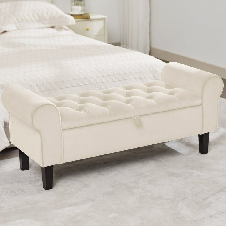 JUSTLET Storage Ottoman with Rolled Arm End of Bed Bench for Bedroom Upholstered Window Sitting Bench Foot Rest Stool for Living Room Entryway Beige