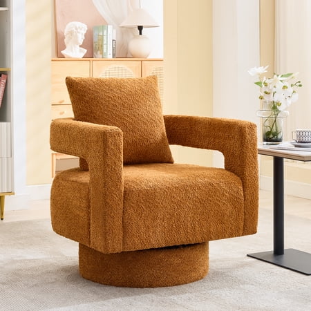 JUSTLET Swivel Accent Chair, Modern Chenille Upholstered Chair Round Club Armchair for Living Room, Brown