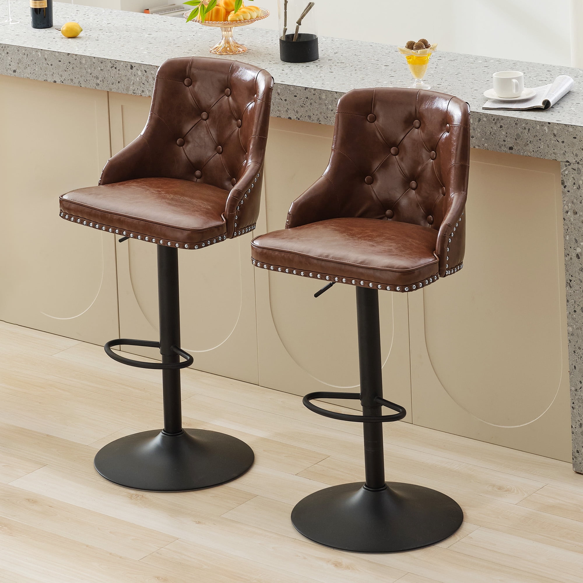 Adjustable Brown Faux Leather Swivel Bar Stools with Nailhead Trim, Set of 2