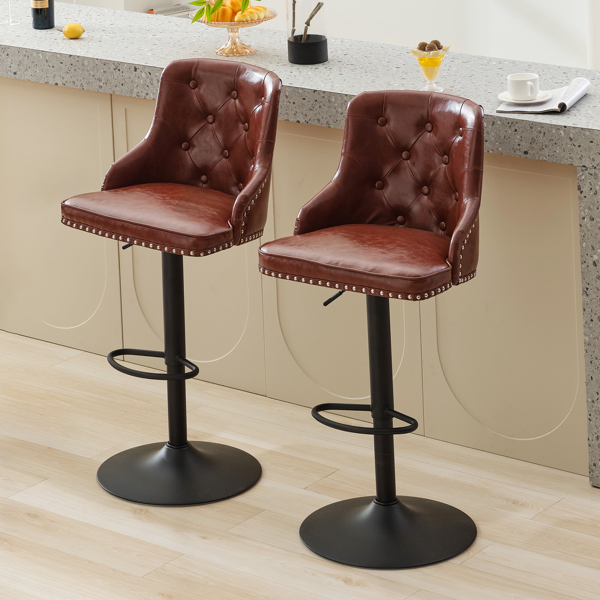 Adjustable Brown Faux Leather Swivel Bar Stools with Nailhead Trim, Set of 2