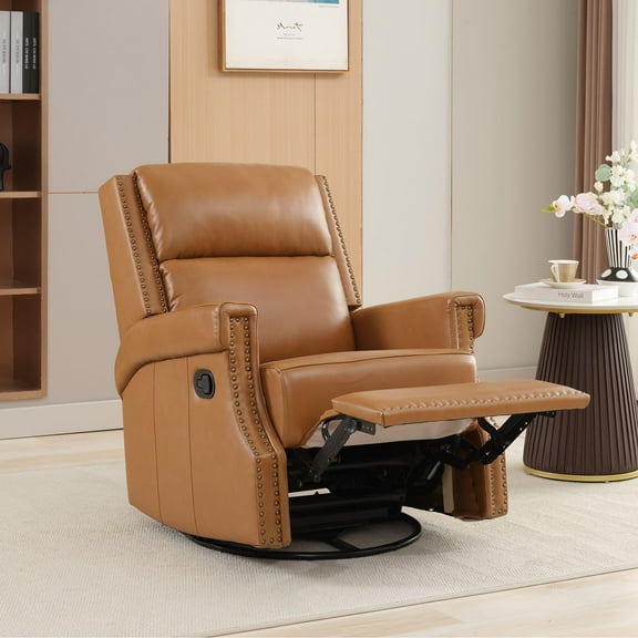 JUSTLET Swivel Rocker Recliner Chair,  360 Degree Swivel Genuine Leather Glider Rocker Recliner Chair with Adjustable Backrest and Footrest, Home Theater Lounge Sofa for Living Room Bedroom, Brown