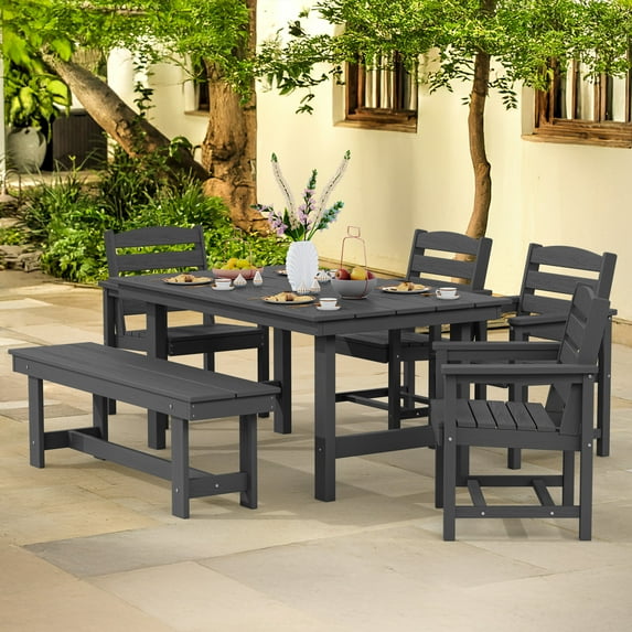 LOYALICE Outdoor Patio Dining Table Set, 6-Piece HDPE Patio Furniture Set with Umbrella Hole, Weather Resistant Table, 4 Wide Chairs and 2-Seat Bench,Gray