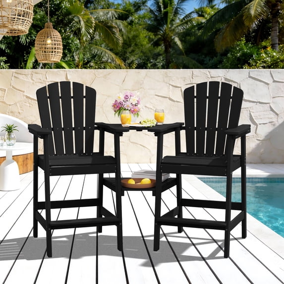 LOYALICE Tall Plastic Adirondack Chair Set of 2 W/ Outdoor Barstools and Connecting Tray, Black