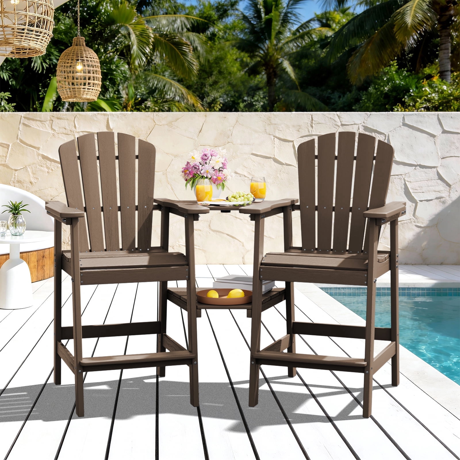 LOYALICE Tall Plastic Adirondack Chair Set of 2 W/ Outdoor Barstools and Connecting Tray, Brown