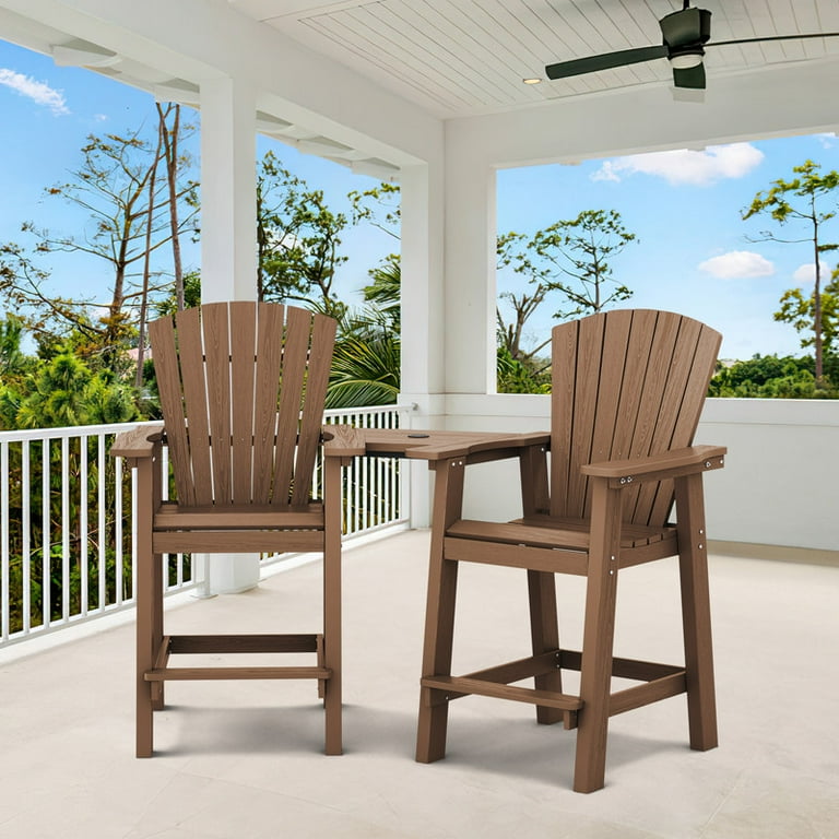 JUSTLET Tall Plastic Adirondack Chair Set of 2 W Outdoor Barstools and Connecting Tray Brown
