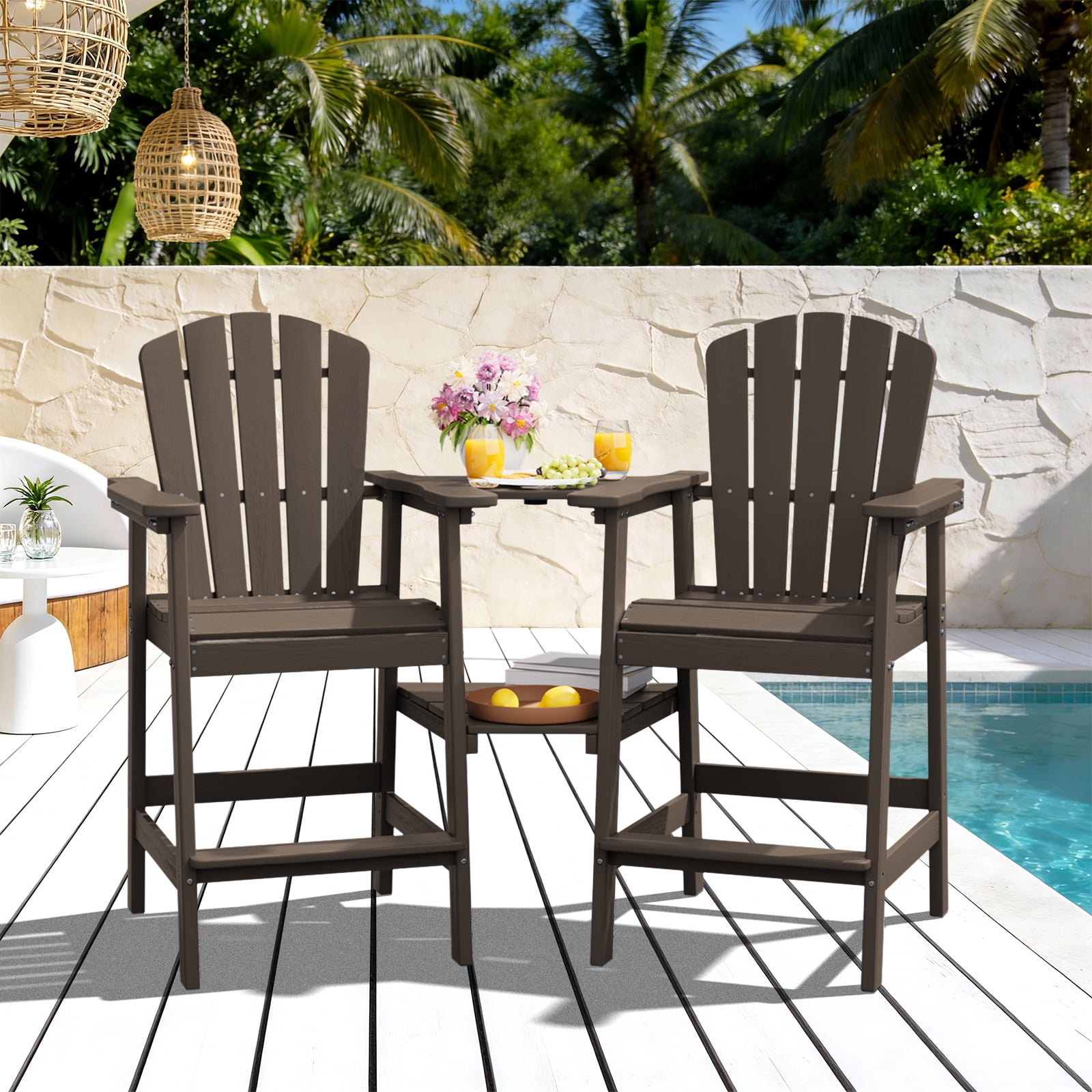 LOYALICE Tall Plastic Adirondack Chair Set of 2 W/ Outdoor Barstools and Connecting Tray, Coffee