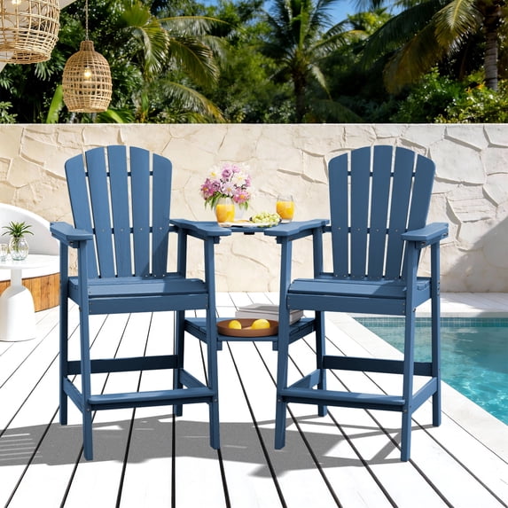 LOYALICE Tall Plastic Adirondack Chair Set of 2 W/ Outdoor Barstools and Connecting Tray, Navy Blue