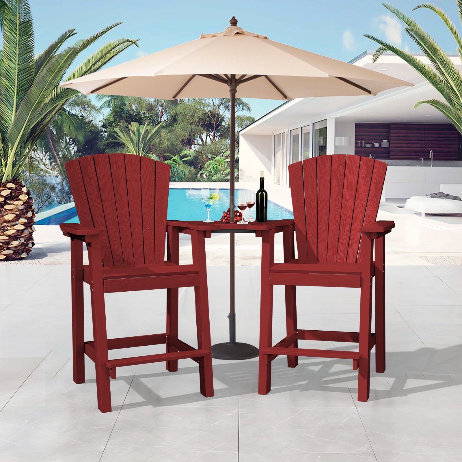 JUSTLET Polywood Adirondack Chair Set of 2 with Barstools and Tray, Red