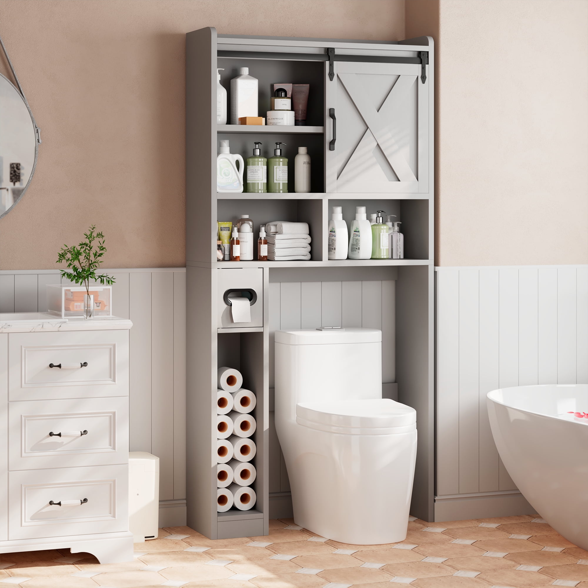 JUSTLET Toilet Storage Cabinet, Bathroom Shelves Organizer Space Saver Freestanding Restroom Shelf with Door, Anti-Tip Device Adjustable Shelf, Gray