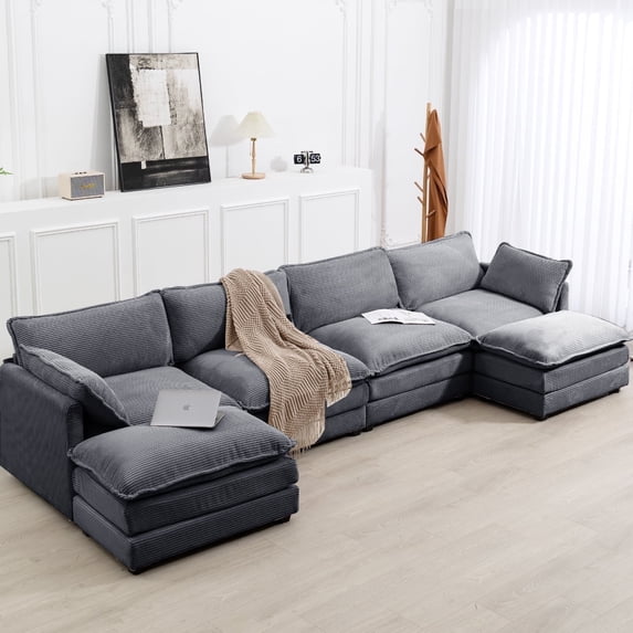 JUSTLET U-Shaped Sectional Sofa Set, 148" Indoor Furniture Convertible Modular Corduroy Sectional Sofa Set with 2 Ottomans for Living Room, Dark Gray