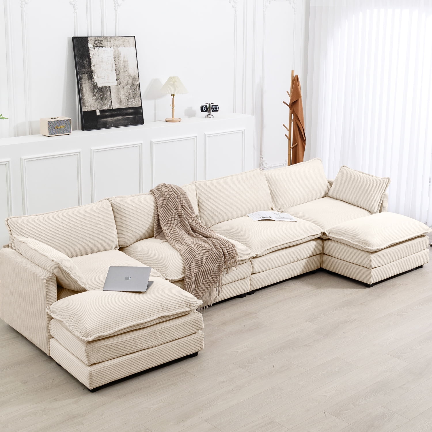 JUSTLET U Shaped Sectional Sofa Set Indoor Furniture Convertible Modular Corduroy Sectional Sofa Set with 2 Ottomans for Living Room Beige 1dcbaa64 07a5 4576 a8aa 5561b7c9d386.b4cb8a49446570b43836e71303131a04