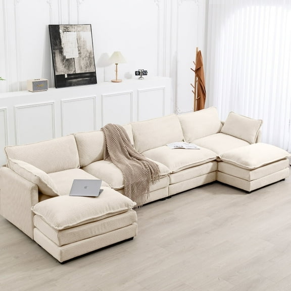 JUSTLET U-Shaped Sectional Sofa Set, Indoor Furniture Convertible Modular Corduroy Sectional Sofa Set with 2 Ottomans for Living Room,Beige