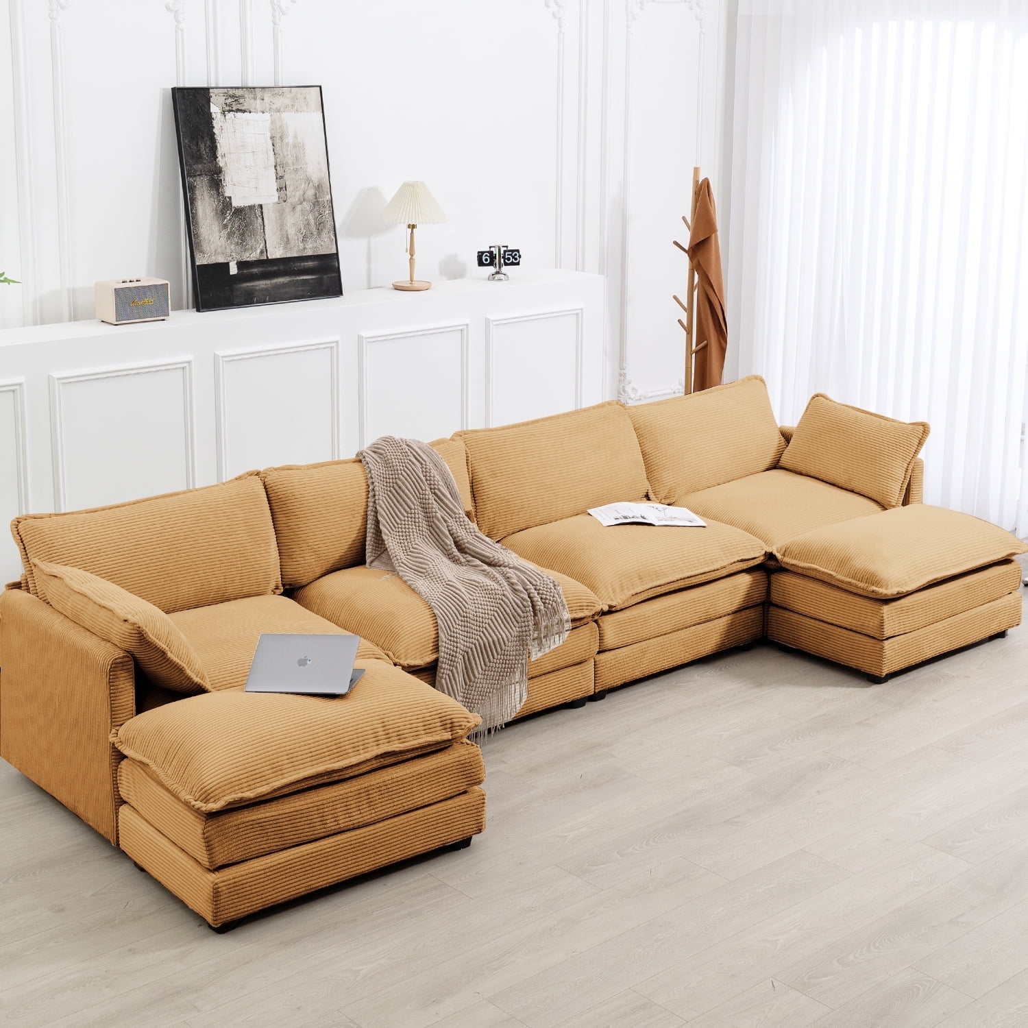 HYLEORY U-Shaped Sectional Sofa , Indoor Furniture Convertible Modular Corduroy Sectional Sofa Set with 2 Ottomans for Living Room,Yellow