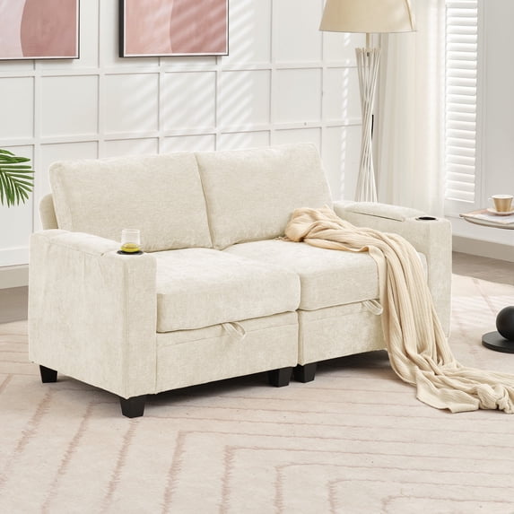 JUSTLET Velvet Loveseat Sofa Couch with Storage, 2 Seater Modern Couch with Storage Arm and Cup Holders for Living Room Bedroom Office Apartment, Beige