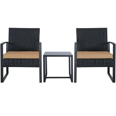 JUSTMAE Outdoor Wicker Chat Set, Cushioned chairs & Coffee Table Black/Brown