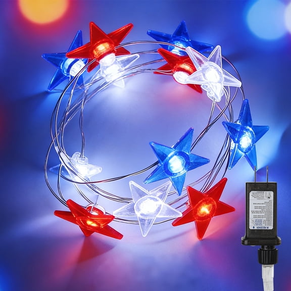 JUSTPRO 100-Count Red White Blue Star Shaped Multi-Function LED String Lights, 4.5V Battery Powered | USA Patriotic Star Lights for 4th of July & Memorial Day Decor