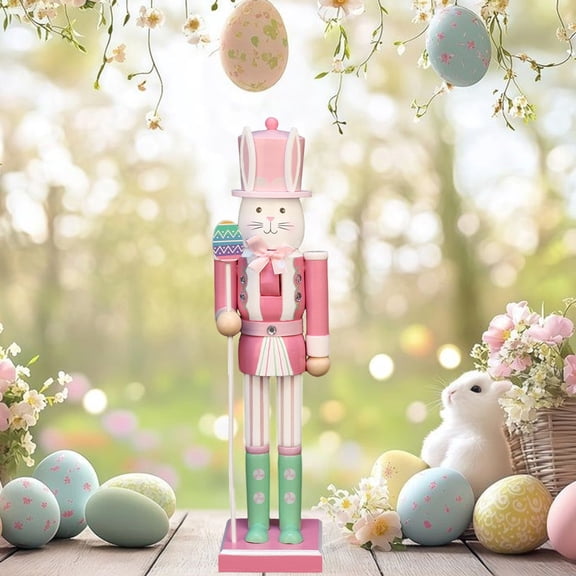 JUSTPRO 15" Easter Nutcracker Soldier Pink Design with Easter Egg, Wooden Spring Decoration (38cm)