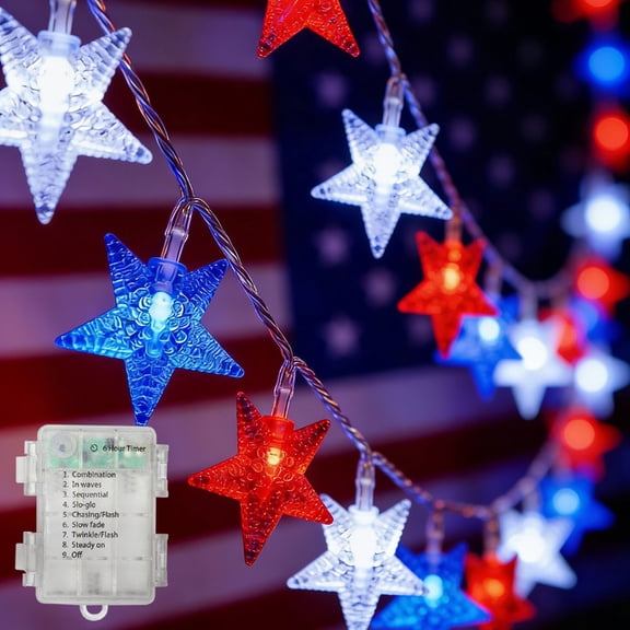 JUSTPRO 20-Count Red White Blue Five-Pointed Star LED String Lights, Battery Box Powered Multi-Function | USA Patriotic Mini Lights for Holiday Decor