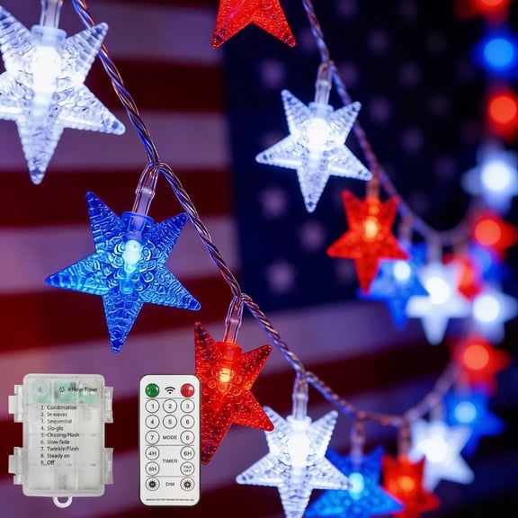 JUSTPRO 50-Count Red White Blue Star LED String Lights, Battery Operated with Remote Control & Multi Lighting Modes | USA Patriotic Decor Lights for Independence Day