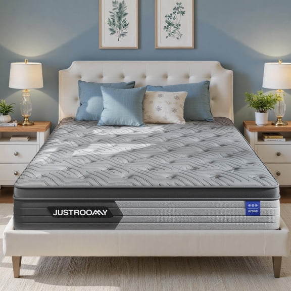 JUSTROOMY 12 Inch Firm King Mattress Hybrid Mattress,Cooling Ice Silk & Gel Memory Foam, Back Pain Relief, Individual Pocket Springs, Motion Isolation, Mattress in a Box CertiPUR-US Certified
