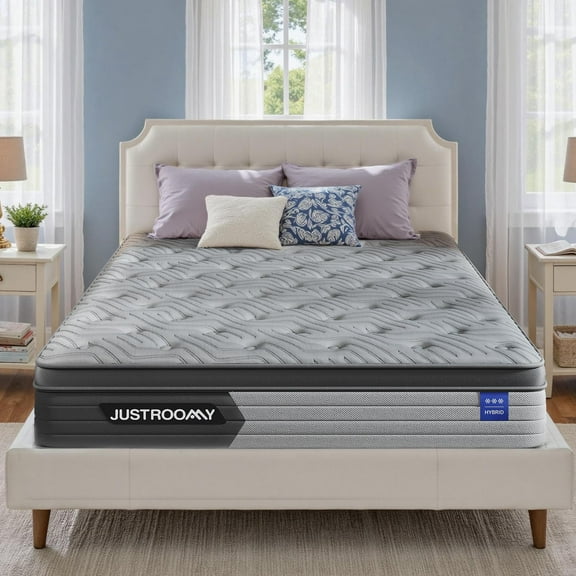 JUSTROOMY 12 Inch Firm Queen Mattress Hybrid Mattress,Cooling Ice Silk & Gel Memory Foam, Back Pain Relief, Individual Pocket Springs, Motion Isolation, Mattress in a Box CertiPUR-US Certified