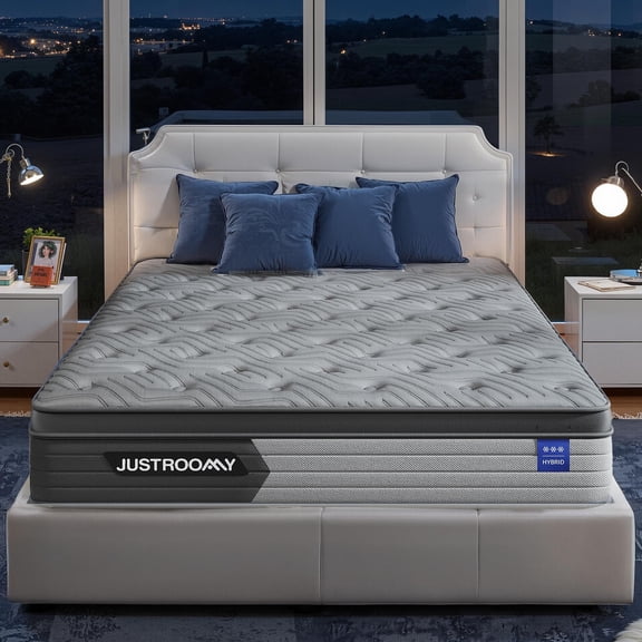 JUSTROOMY 14 Inch Firm King Mattress Hybrid Mattress,Cooling Ice Silk & Gel Memory Foam, Back Pain Relief, Individual Pocket Springs, Motion Isolation, Mattress in a Box CertiPUR-US Certified