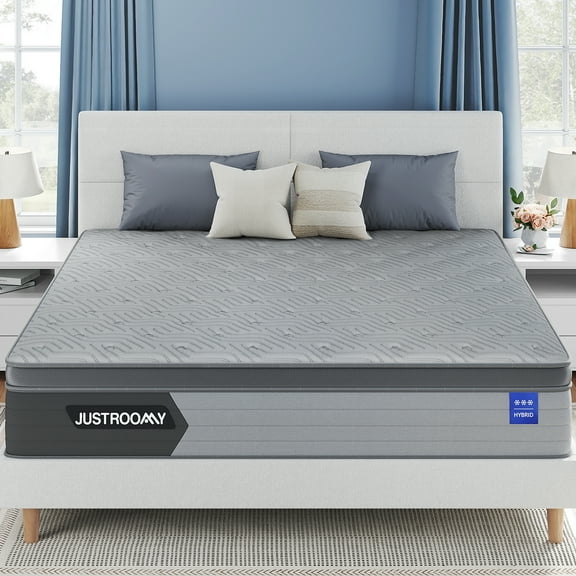 JUSTROOMY Firm King Mattress, 12 inch Gel Memory Foam Hybrid Mattress King Size Mattress in a Box with Ice Silk Top, Back Pain Relief, CertiPUR-US, Individual Pocket Spring, Edge Support