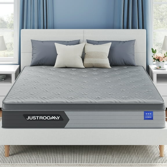 JUSTROOMY Firm Queen Mattress, 12 inch Gel Memory Foam Hybrid Mattress Queen Size Mattress in a Box with Ice Silk Top, Back Pain Relief, CertiPUR-US, Individual Pocket Spring, Edge Support