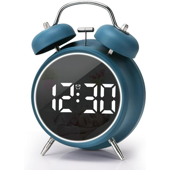 JUSTUP Digital Small Alarm Clock, 4.5 Inch Double Bell Electronic LED Alarm Clock, Plug in or Battery Operated Silent Metal Alarm Clock, Bedside Loud Alarm Clock for Heavy Sleepers Adults Kids (Blue)
