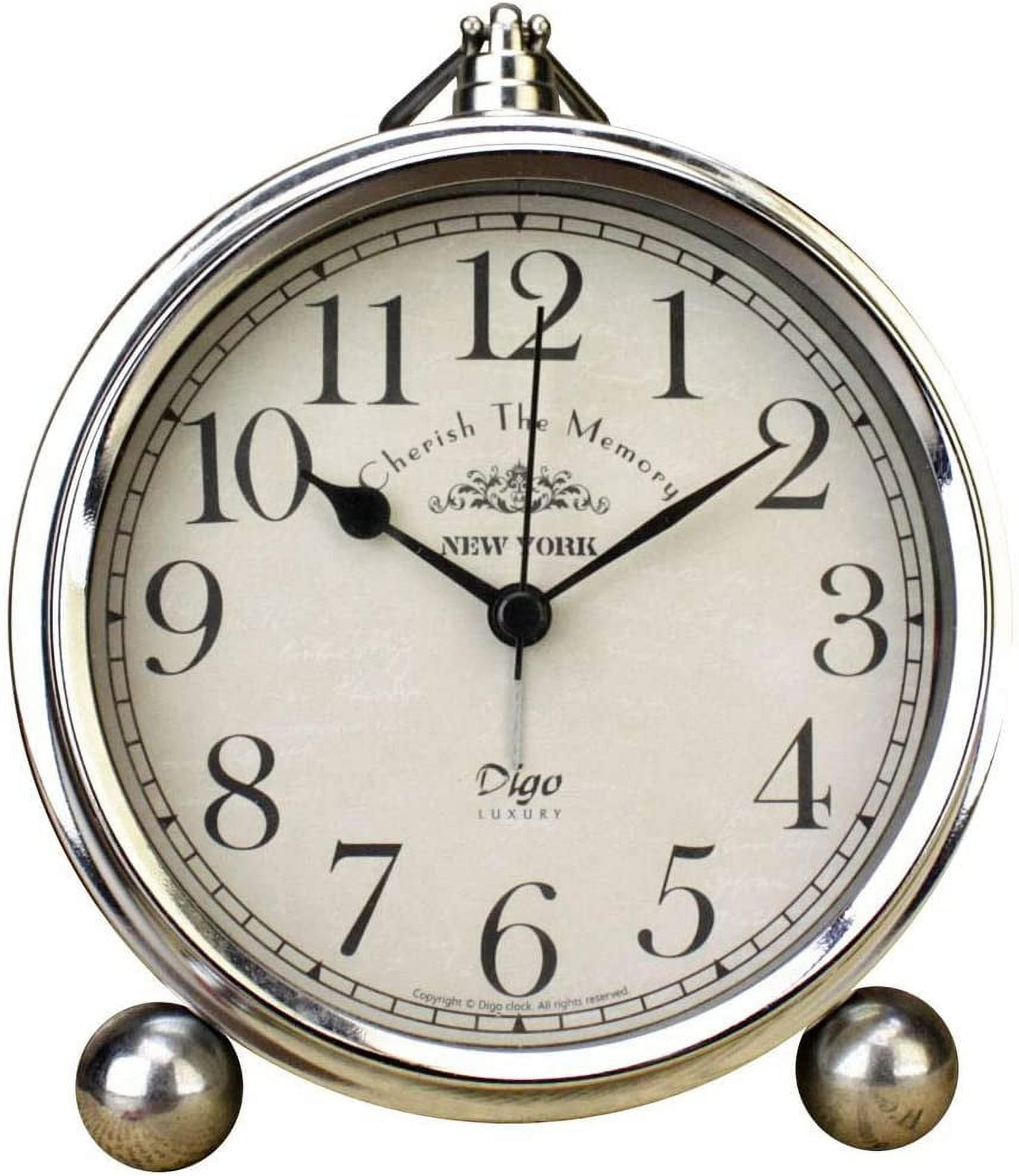 Silver Vintage Iron Analog Alarm Clock with Silent Movement