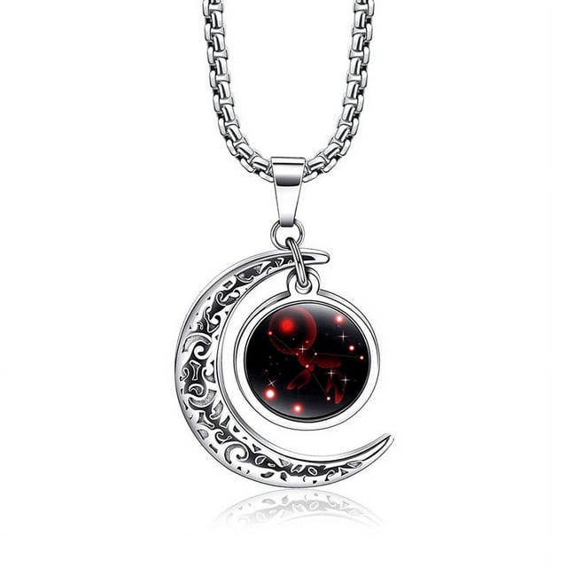 JUSTUP Wekity Stainless Steel Crescent Moon 12 Constellation Zodiac Sign Luminous Pendant Necklace Glow in The Dark,Cancer