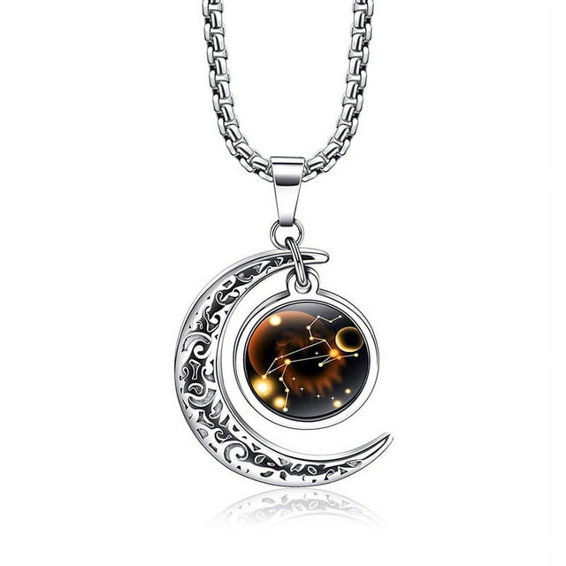 JUSTUP Wekity Stainless Steel Crescent Moon 12 Constellation Zodiac Sign Luminous Pendant Necklace Glow in The Dark,Leo