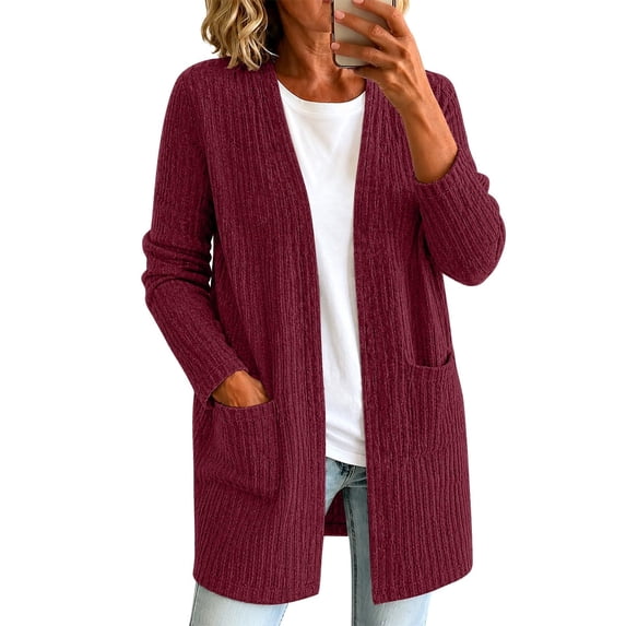 JUUNthy Cardigan for Womens, Open Front Long Sleeve Ribbed Knit Mid Length Sweater Outerwear with Pockets Red XL