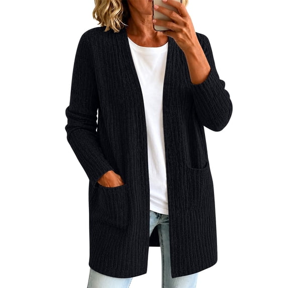 JUUNthy Cardigan for Womens, Ribbed Knit Open Front Long Sleeve Mid Length Sweater Outerwear with Pockets Black S