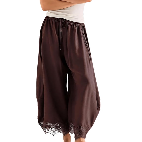 JUUNthy Casual Pants for Womens, Baggy Fit Lace Hem Wide Leg Elastic Waist Lightweight Summer Trousers with Pockets Brown M