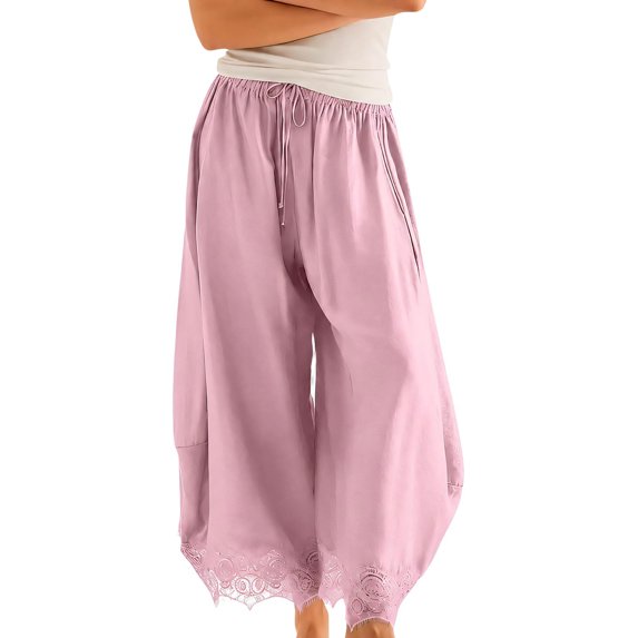 JUUNthy Casual Pants for Womens, Elastic Waist Lace Hem Wide Leg Baggy Fit Lightweight Summer Trousers with Pockets Pink XL