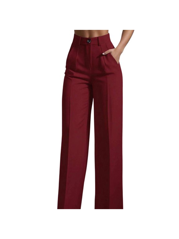 Dress Pants for Womens, Button Down High Waist Flat Front Straight Leg Office Business Work Trousers Red S