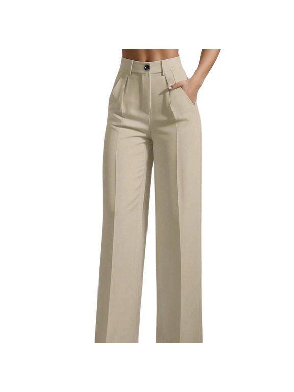 Dress Pants for Womens, Flat Front Straight Leg Button Down High Waist Office Business Work Trousers Khaki L