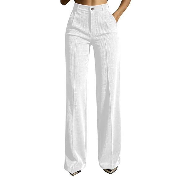 JUUNthy Dress Pants for Womens, High Waist Wide Leg with Pockets Flat Front Pleated Office Business Work Pants White 2XL