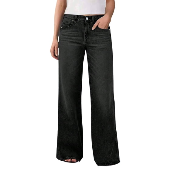 JUUNthy Jeans for Womens, High Rise Loose Fit Wide Leg Casual Daily Denim Pants with Pockets Black M